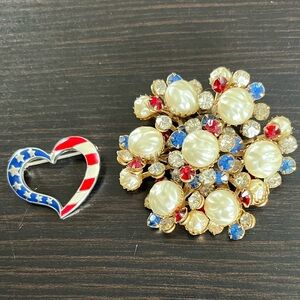 2 Pins - Avon Open Heart Flag Brooch  +  Red, White & Blue Jeweled Brooch 🇺🇸